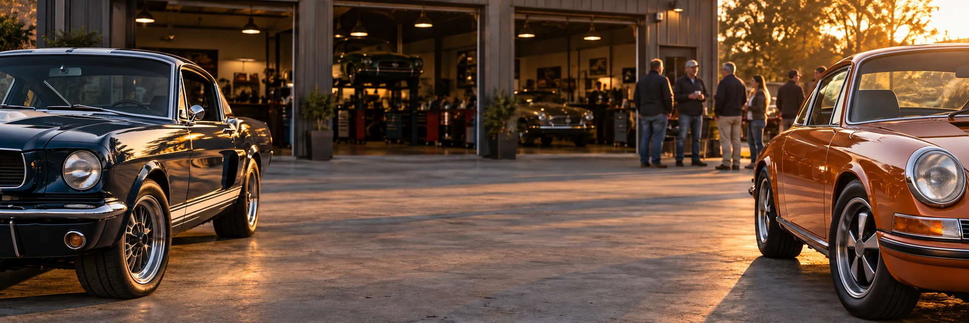 Illustrative scene of classic cars and enthusiasts gathered outside a garage at sunset.