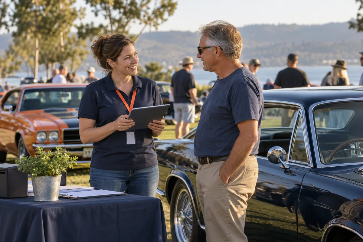 A volunteer with a tablet welcomes participants at a classic-car show check-in table.