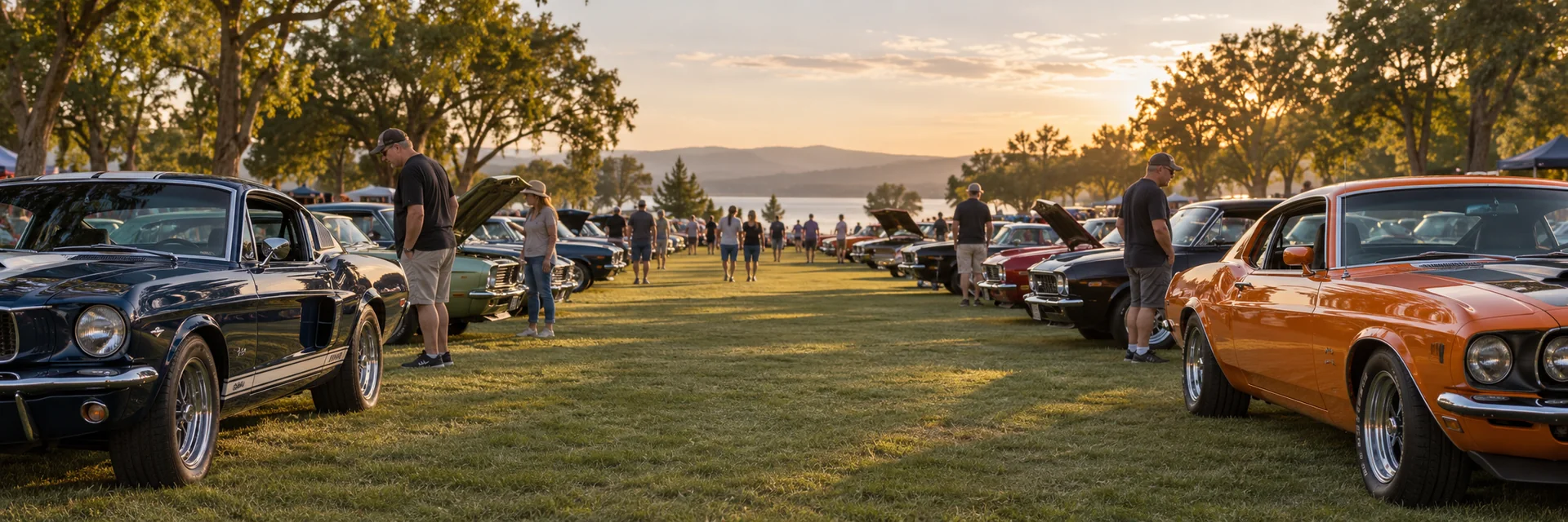 Classic cars and visitors gather at an outdoor car show.