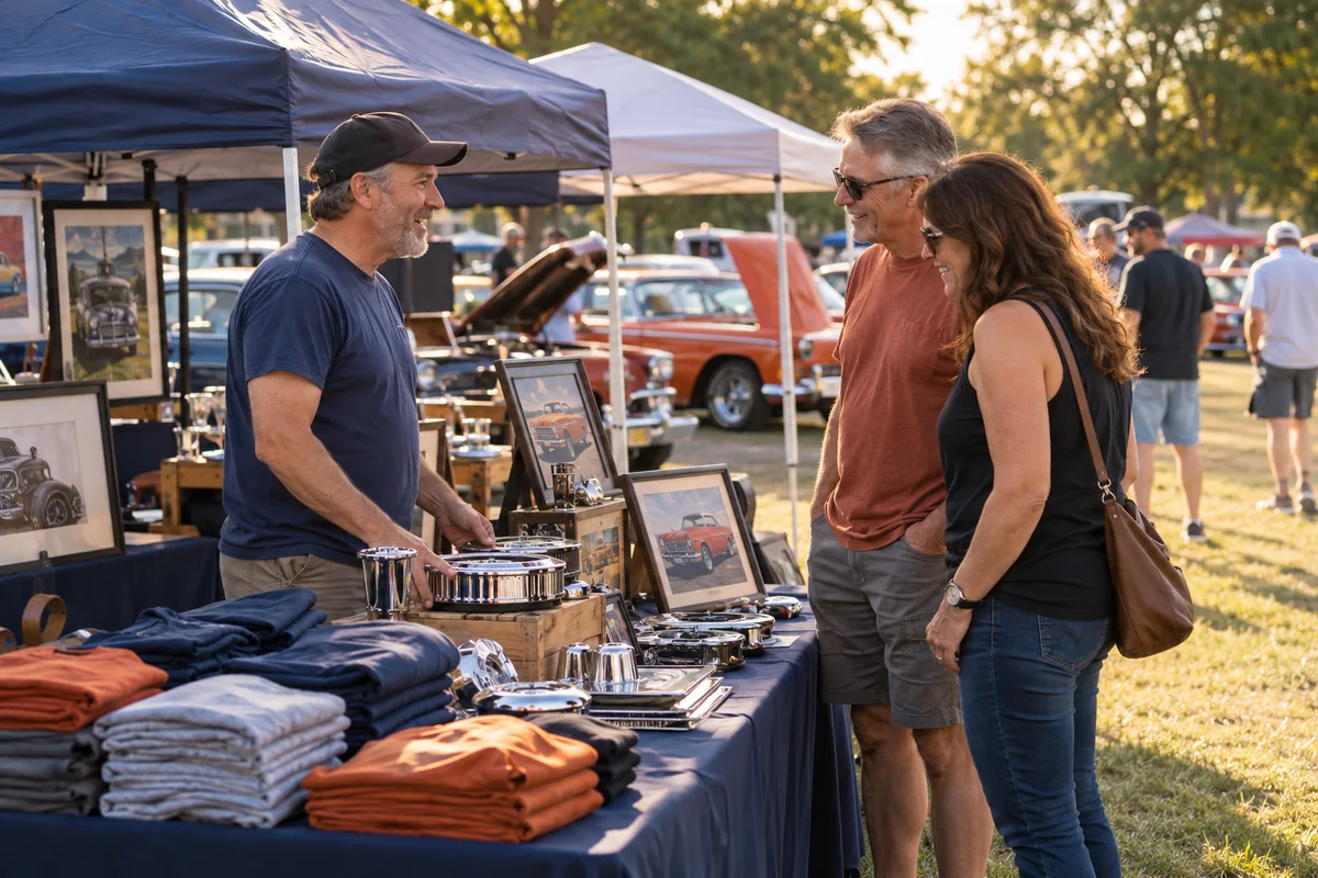 Visitors browse merchandise and automotive art at a car-show vendor stand.