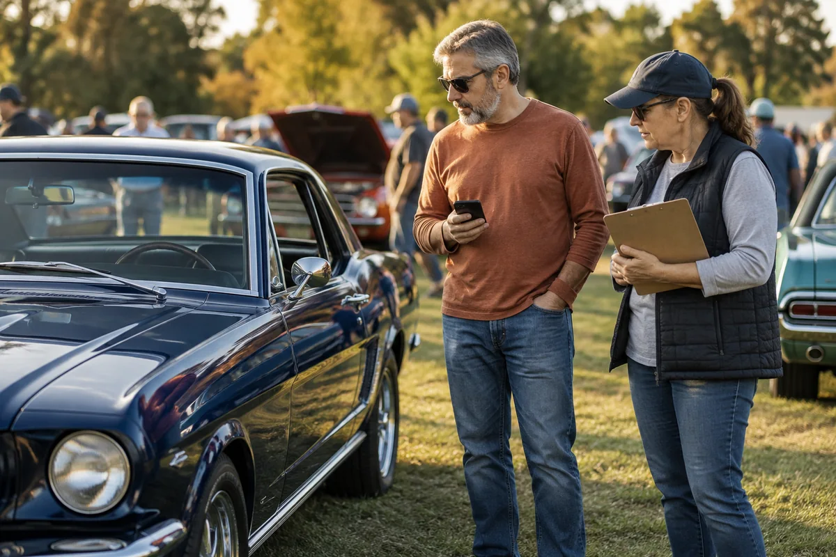An enthusiast with a phone and a volunteer with a clipboard evaluate a classic car.