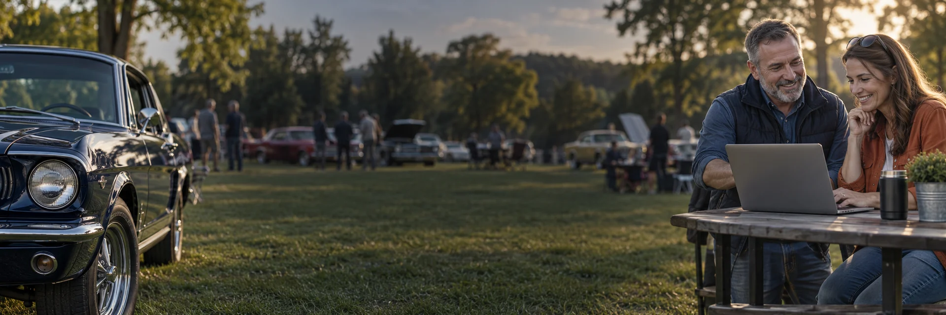 Illustrative scene of club organizers exploring a demonstration together at a classic-car event.