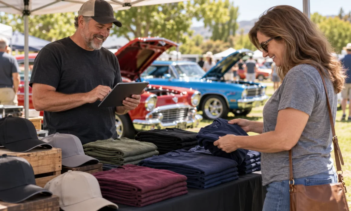 Car club volunteer using a tablet at a car show merchandise table.