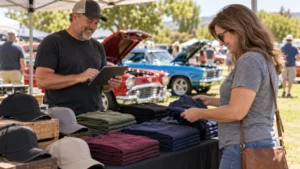 Car club volunteer using a tablet at a car show merchandise table.