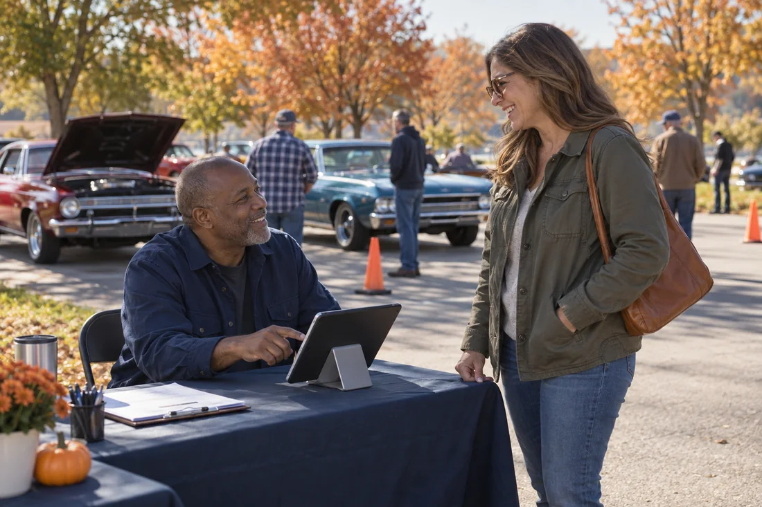 Volunteers welcome arriving participants at an outdoor car show.