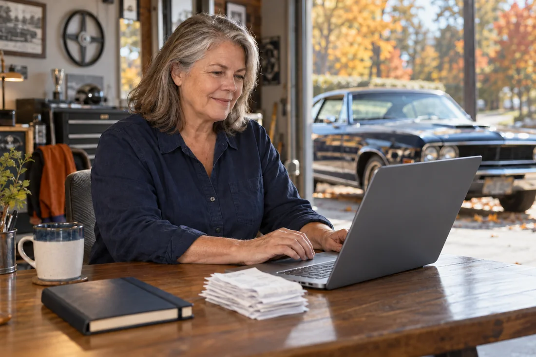 An event treasurer reviews financial records on a laptop with receipts organized beside her.