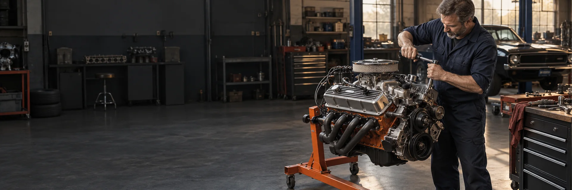 Mechanic working with tools on a V8 engine mounted on an engine stand.