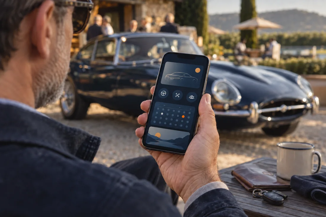 A car enthusiast checks an illustrative membership portal on a smartphone.