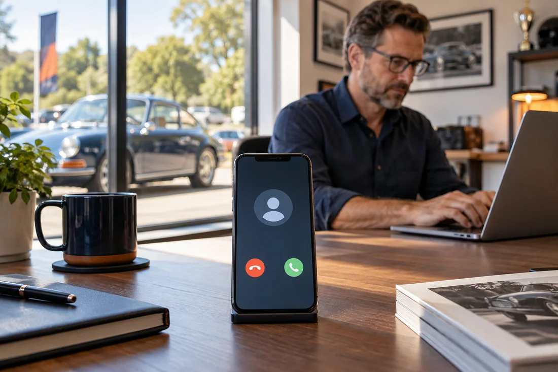 A phone displays a generic incoming call beside an organizer’s laptop.