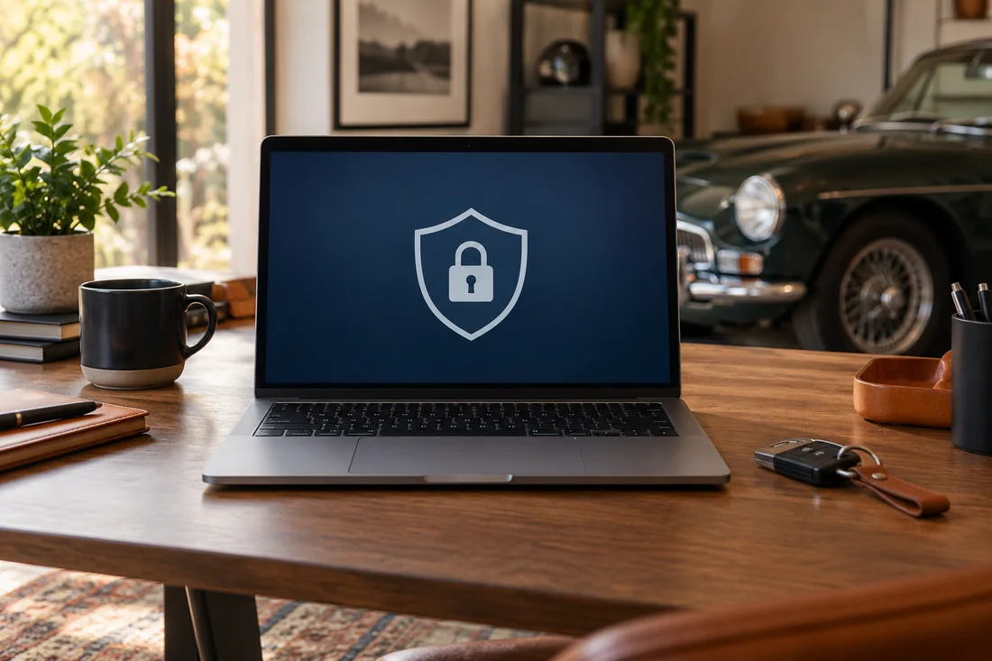 A laptop with a symbolic security shield sits in a car enthusiast's workspace.