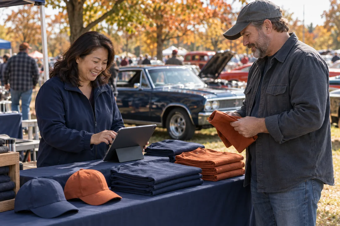 A volunteer uses a tablet to manage sales at an event merchandise table.