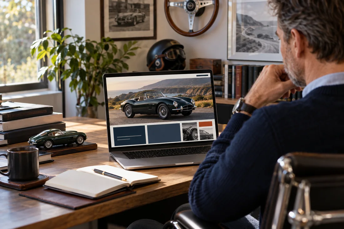 A laptop displays an illustrative website with a classic-car photograph.