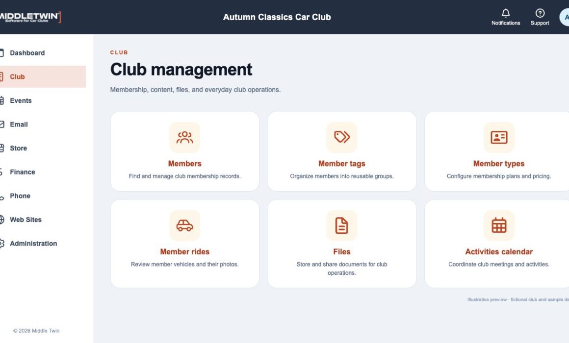 Middletwin Next club workspace with membership, activities, files and communication tools