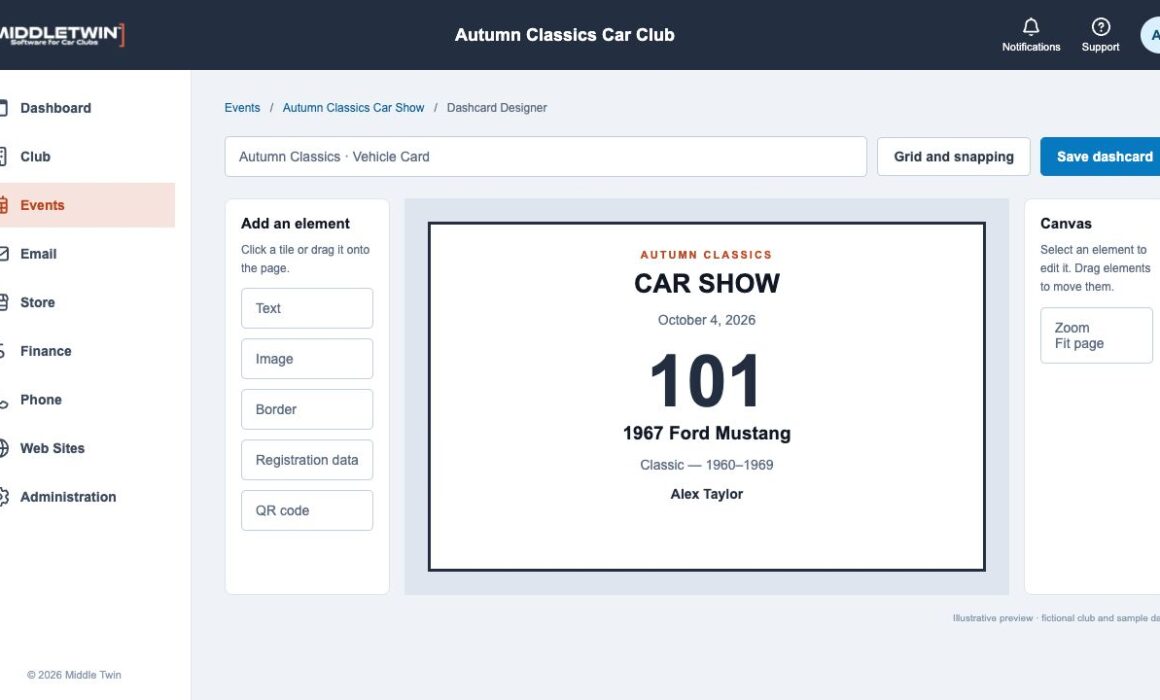 Middletwin Next dashcard designer with an illustrative car show entry card