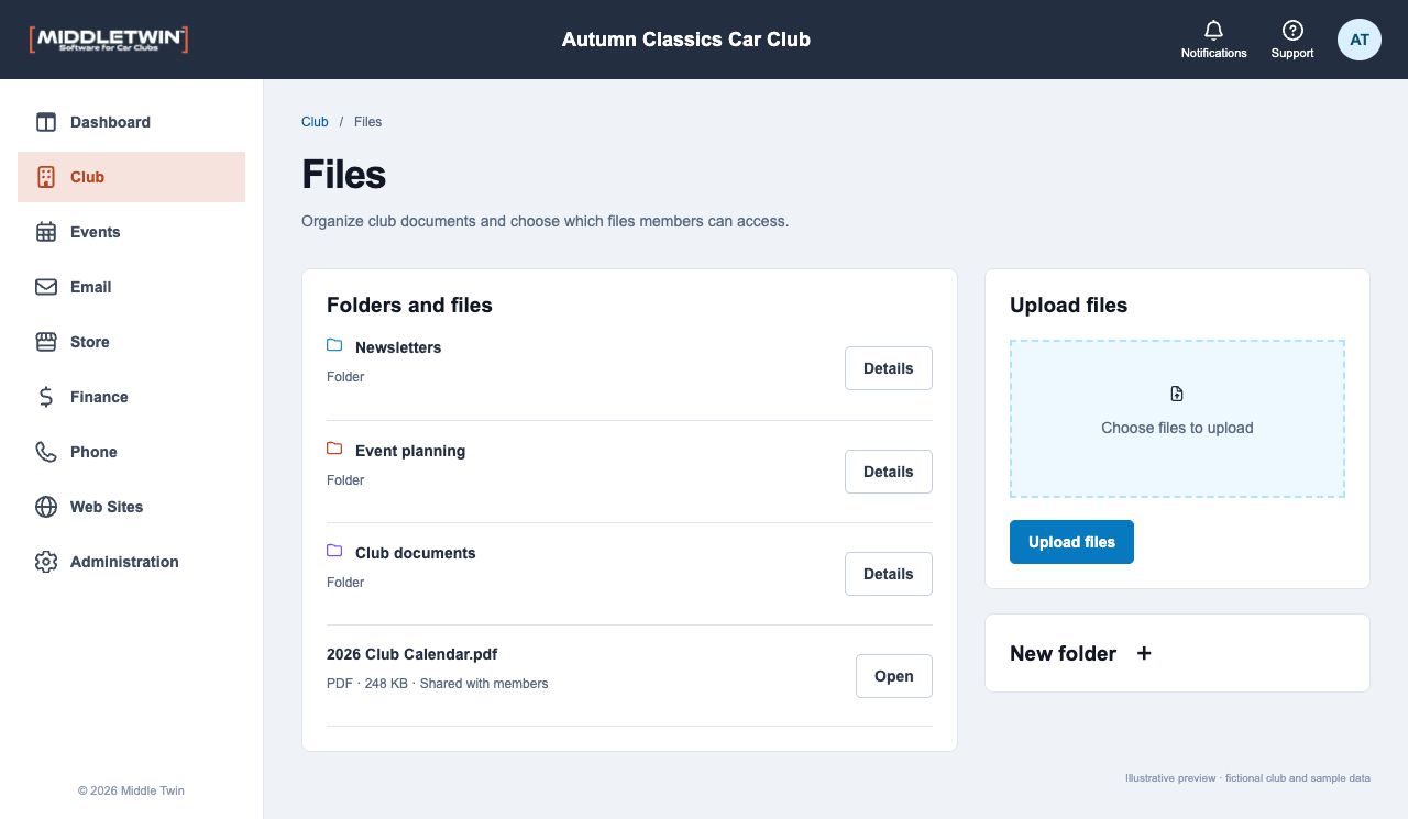 Middletwin Next club file library with sample folders and documents