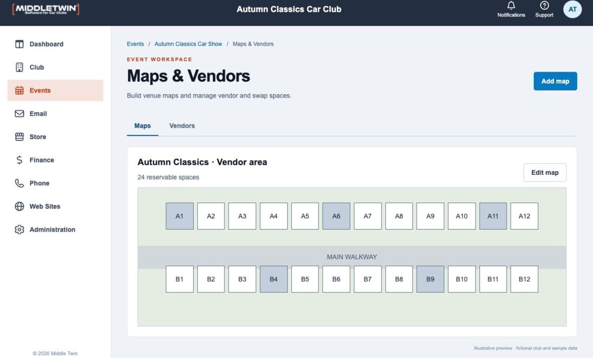 Middletwin Next event map editor with sample vendor spaces