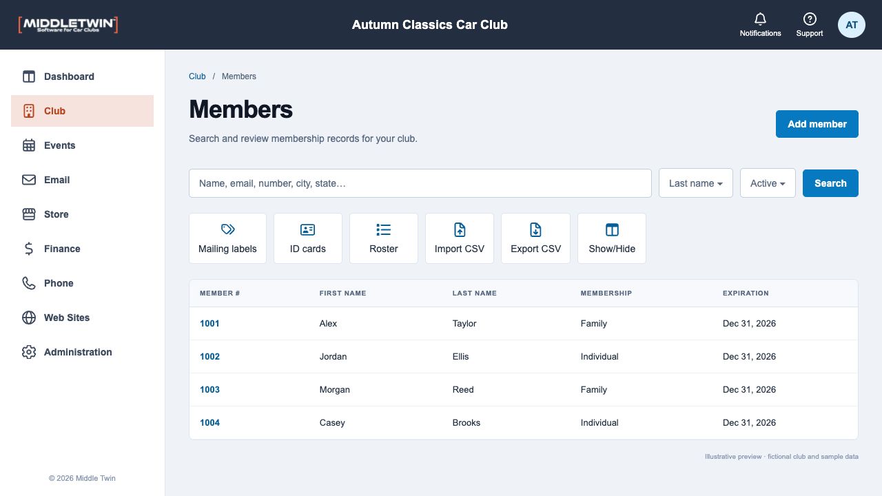 Middletwin Next member directory with sample membership statuses, renewal dates and ID card tools
