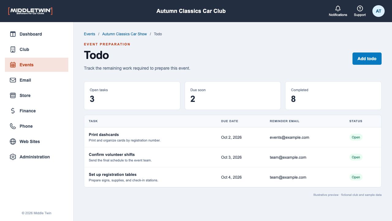 Middletwin Next task list with sample car show planning assignments