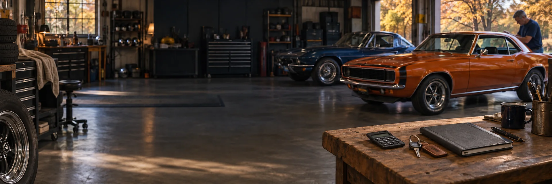 An organized club planning workbench with car keys and a calculator, with classic cars in a warm garage.